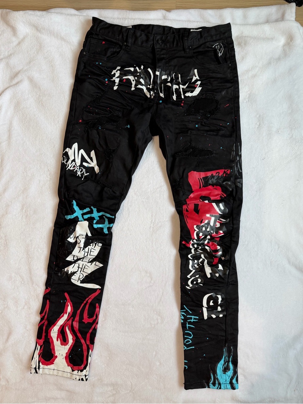 🔥🔥🔥vintage "SMOKE RISE" DISTRESSED & DECORATED BLACK JEANS MEN'S